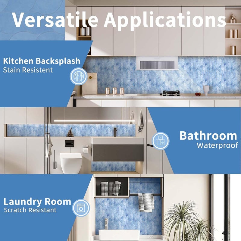 Tilingview 10-Sheet Peel and Stick Backsplash Tile for Kitchen, Self-Adhesive Mosaic Glossy Leaf Stick on Wall Tile with Gaps (Sky Blue) - Image 4